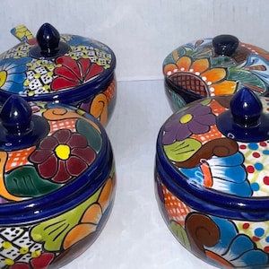 Talavera Salsa bowl with a handle  comes with ceramic spoon beautiful hand painted multicolored