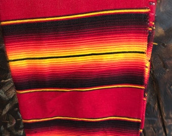 Blanket Mexican Serape Red Yellow and Black Lines Saltillo Beautiful colors white fringe Extra Large  86” X 62”