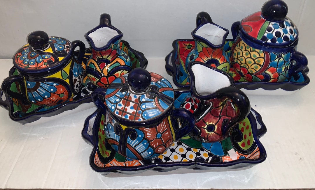 Talavera 3 Piece Creamer Sugar Bowl and Plate Beautiful Etsy