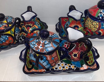 Talavera 3 Piece creamer, sugar bowl and Plate beautiful cobalt blue rim with multicolored  hand painted