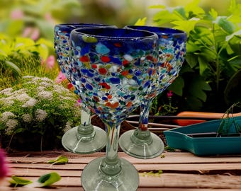 Traditional Fiesta Wine Glasses Blue Rim with Rock and Pebbled Glass hand blown 16 oz