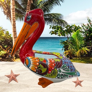 Talavera Pelican planter red  neck and red beak with muticolor