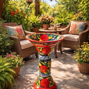 May include: A tall, cylindrical ceramic birdbath featuring a hand-painted floral motif with large red roses and green leaves against a black background. The basin has a wide, flared rim with a geometric blue and yellow border pattern.
