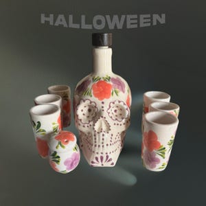 Halloween Talavera Skull carafe salière 8 pièces tequila ensemble mexicaine carafe en verre de belles fleurs roses.