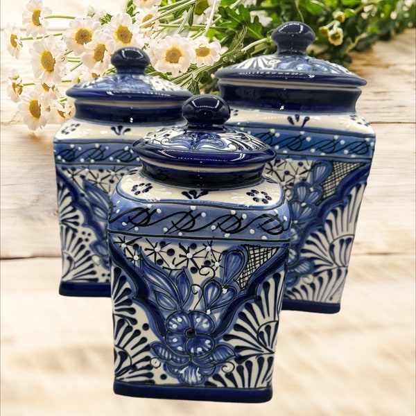 Talavera set 3 Piece Canister cobalt blue and white  Handcrafted hand painted very detailed