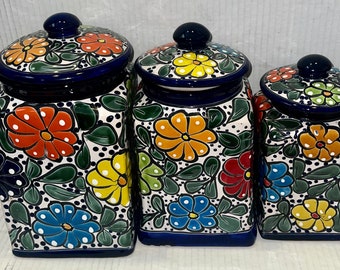 Talavera set of 3 Canister Cobalt blue rim Poppy flowers Multicolor on all sides green leaves white background Hand Painted beautiful XL