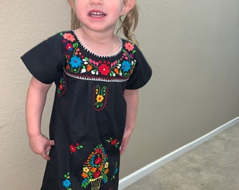 Traditional Mexican Dress Girls Black Dress Tunic flowers on front of dress Handmade with love 0 Months- 8 Years