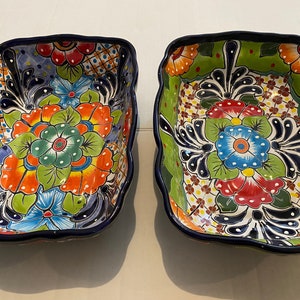 Talavera bowl Deep Dish salad rectangle dinnerware Mexican Potter Cobalt Blue rim beautiful