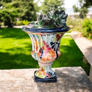 Talavea Pedestal Planter: Cobalt Blue Multicolored Floral Decor