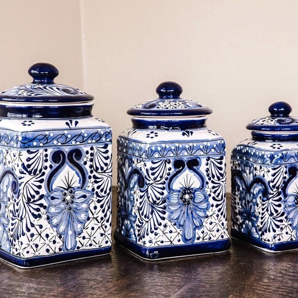 Canister cobalt blue and white set of 3 Handcrafted hand painted very detailed