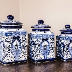 Canister cobalt blue and white set of 3  Handcrafted hand painted very detailed