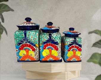 Canister Set Back ground aqua Handcrafted Talavera : Cobalt Blue Rim, Mexican Folk Art