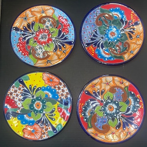 Talavera Plates on 4 Piece 10 inch Set Mexican Pottery Ceramic Folk ART Handmade from Mexico Beautiful Painted plates