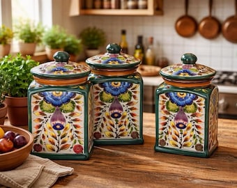 Canister Set of 3 Green rim Talavera Kitchen Decor