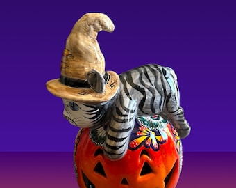 Cat with hat lay on the Pumpkin Talavera Hand-Painted  Candle Holder: Halloween Cat Decor