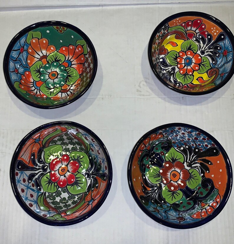 4 Piece Talavera beautiful Posole 8\u201d Bowls Set Mexican Pottery Ceramic Folk ART Handmade From Mexico Beautiful Painted Bowls