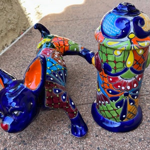 Talavera Chihuahua dog and fire hydrant   multicolored statue for cute desert garden