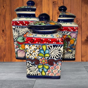 Talavera Canister set 3 Piece blue rim with red accents beautifully hand painted   XL set