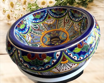 Talavera sink round  blue rim multicolored 15” X 15”