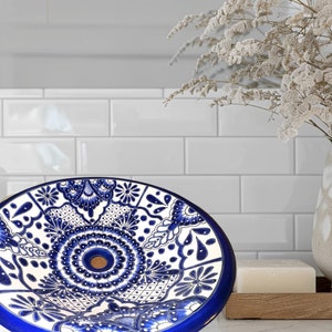 Talavera sink round  blue and white  17”X 7”