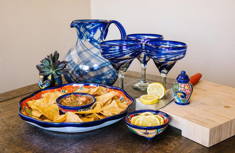 Salsa Pitcher Margarita Glasses: Blue Swirl Elegant Glassware, 16 Oz (set of 2)hand ...