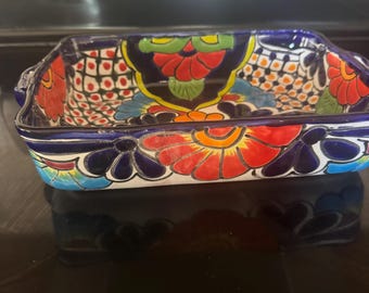Hand-Painted Talavera Casserole Dish: Mexican Folk Art Baking Pan (11"x8")