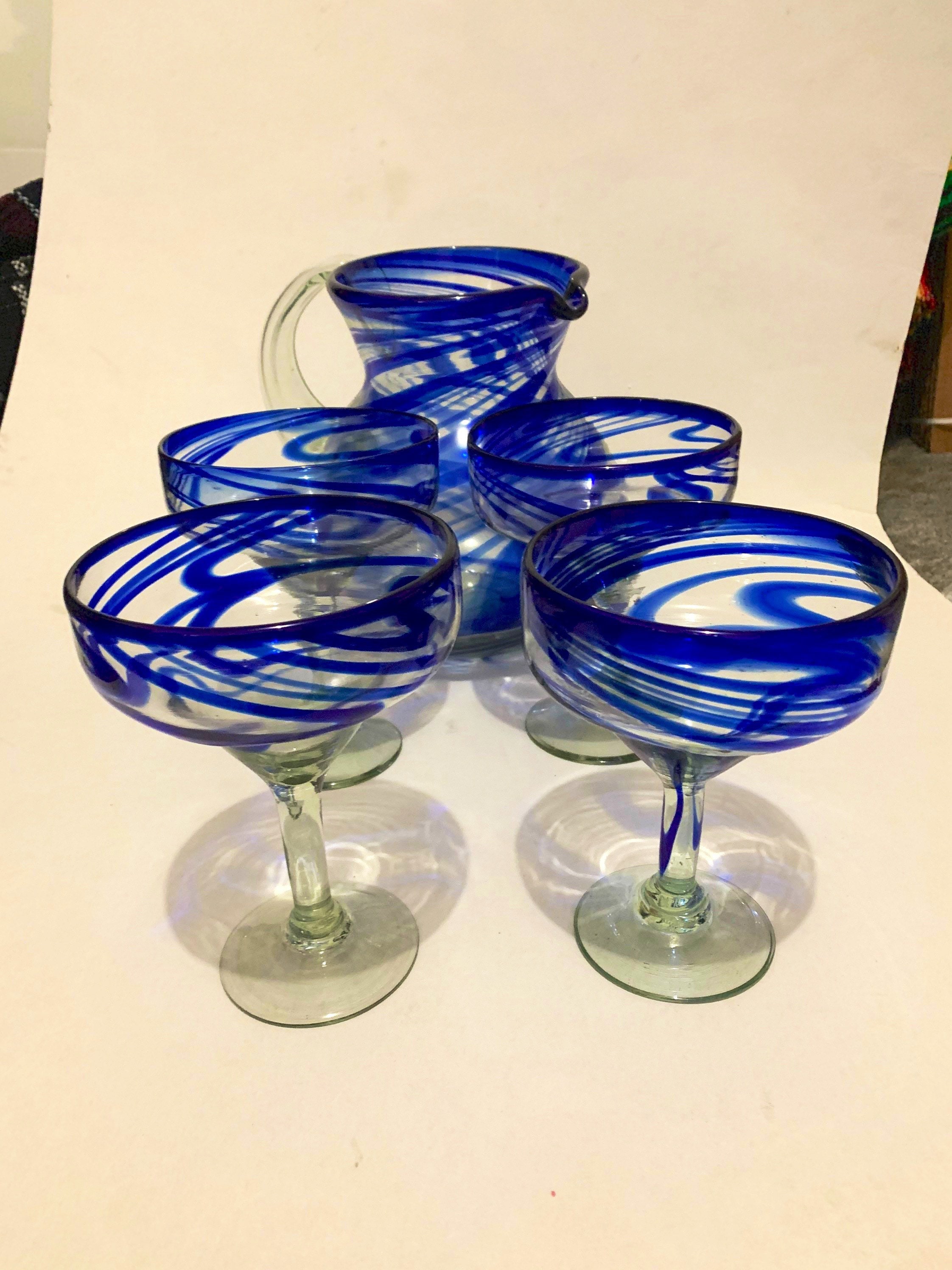 Margarita Pitcher Set of 7 and 6 Margarita Glasses Blue Swirl Etsy UK