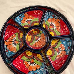 Appetizer Tray Talavera Mexican Folk Art Cobalt Blue Multicolored Chip Dip Platter 7 Pc Handcrafted in Mexico 12.5 beautiful image 1