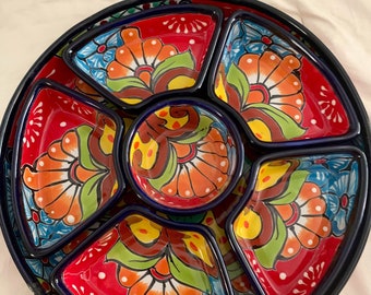 Appetizer Tray Talavera Mexican Folk Art Cobalt Blue Multicolored Chip Dip Platter 7 Pc  Handcrafted in Mexico 12.5 beautiful