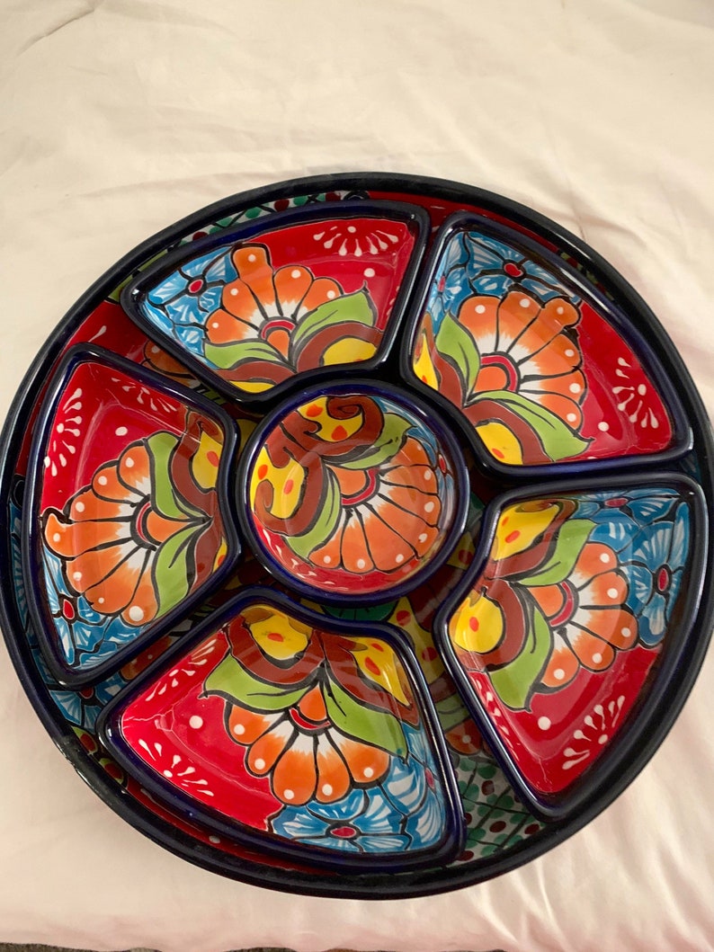 Appetizer Tray Talavera Mexican Folk Art Cobalt Blue Multicolored Chip Dip Platter 7 Pc Handcrafted in Mexico 12.5 beautiful image 1