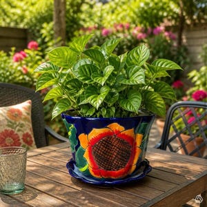 May include: A vibrant blue ceramic planter featuring a large, hand-painted sunflower design with orange and yellow petals. The pot sits on a matching blue saucer and contains a lush, green leafy plant with heart-shaped foliage.