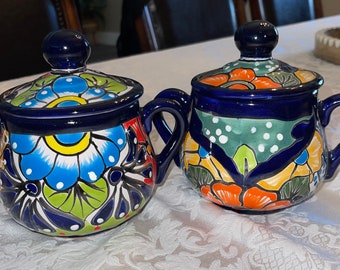 Talavera sugar bowl cobalt Blue rim multicolored hand painted hand made beautiful mexican folk art