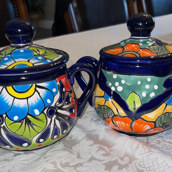 Talavera sugar bowl cobalt Blue rim multicolored hand painted hand made beautiful mexican folk art