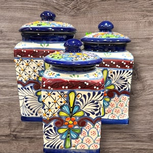 Talavera Canister set 3 Piece blue rim with burgundy accents strip beautifully hand painted   XL set