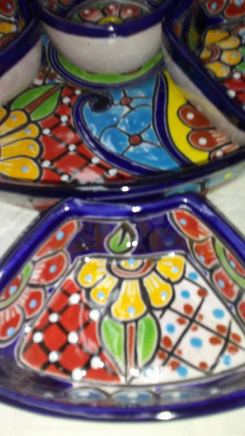 Appetizer Tray Talavera Mexican Folk Art Cobalt Blue Multicolored Chip Dip Platter 7 Pc Handcrafted in Mexico 12.5 beautiful image 7