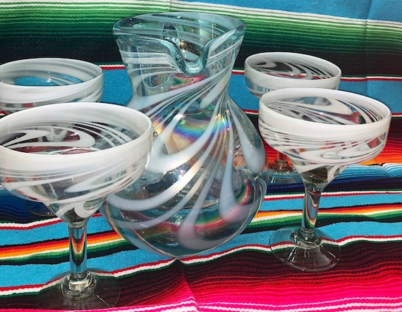 Aqua and White Margarita Glass Set of 4