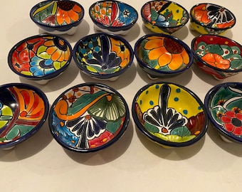 Salsa bowls  Talavera  Cobalt blue with multicolored Small 4" Diameter Depth 2" Mexican Folk Art Handmade