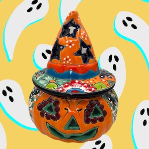 Talavera pumpkin with hat Jack o lantern candle holder Halloween Ceramic pumpkin