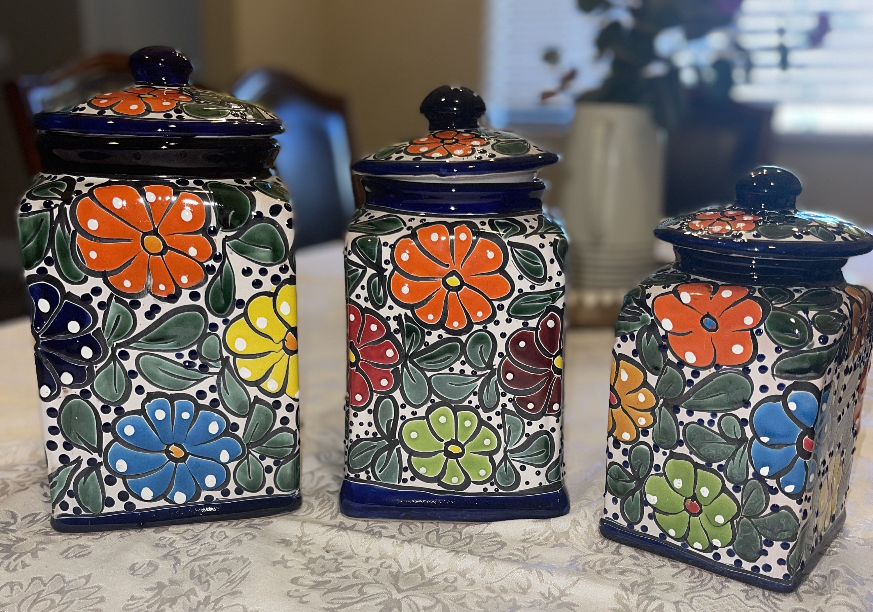 Talavera Flour Sugar Coffee Tea Blue and White Ceramic Kitchen Canister Set  of 4