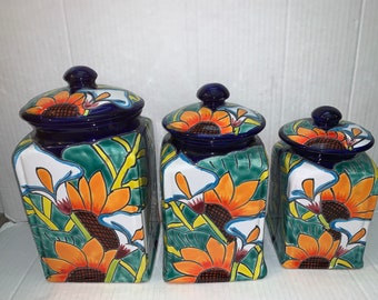 3 Piece Canisters Set Talavera  Cobalt Blue with Sunflowers and Lilies Handcrafted hand painted XL set