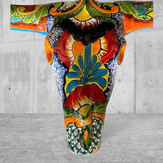 Talavera Long Horns Cow Orange With Turquoise Blue With
