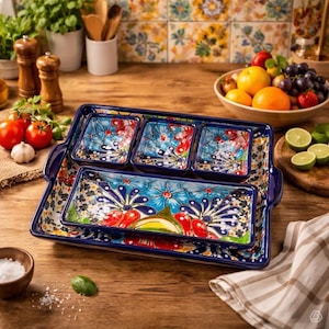 Handmade Talavera Casserole Set: Mexican Pottery Fiesta Appetizer Dishes