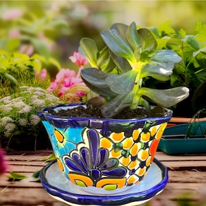planter two Talavera Flower with water hole and plate to catch the extra water is Beautiful color Mexican folk art  4”x 6&quot;