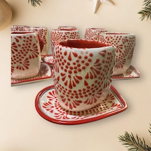 Talavera beige and red heart shaped mug with heart plate  very unique