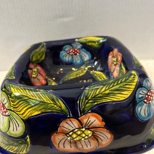 Dog Bowl Rare Talavera square  beautiful Medium 9”x4” 21 oz cobalt blue with flowers this truly a piece of art