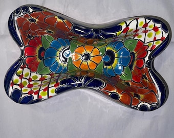 Dog Bowl Talavera  shape in a bone rare find for little fury baby 12”x 7” leadfree beautiful bowls