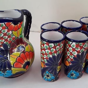 Hand Painted Talavera Pitcher and Glasses Set: Mexican Folk Art