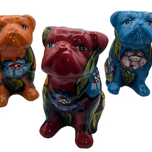 Talavera bulldog statue with hand painted flowers 10”X7”
