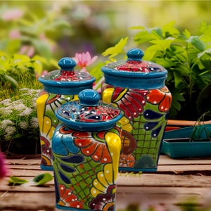 Canister set 3 Piece Talavera  baby turquoise multicolored floral Handcrafted hand painted XL set
