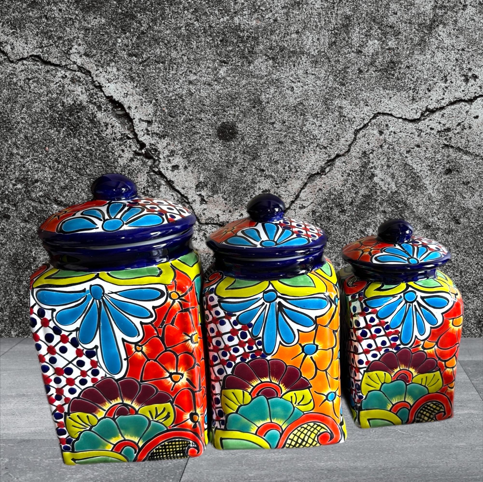 Canister Set of 3 Cobalt Blue Rim, Floral Torquise Flowers Art - Etsy